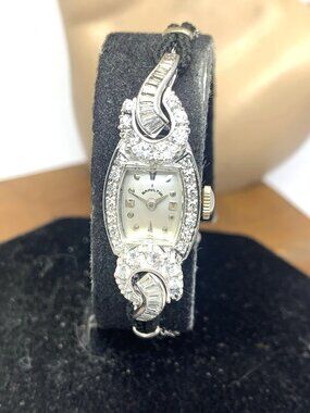 Hamilton Women's Watch Platinum Case Diamond Art Deco 757 Mechanical Petite 14mm
